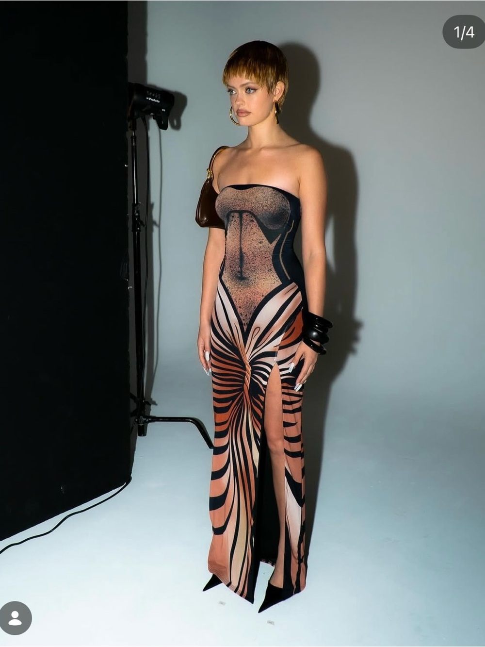 Strapless Abstract Print Maxi Dress in Black and Brown Tones
